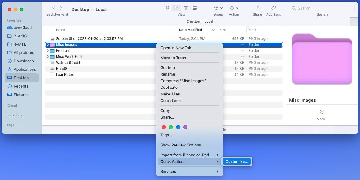 Customize в списке Quick Actions
