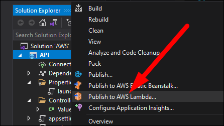 Публикация проекта в AWS Lambda через Publish to AWS Lambda...