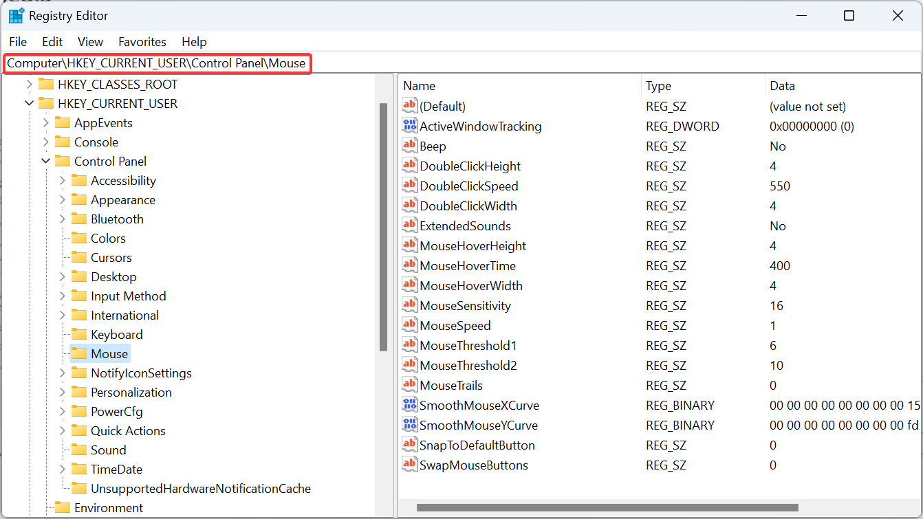 путь в реестре к настройкам мыши