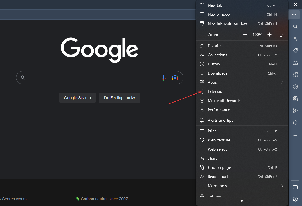 Меню три точки и пункт Расширения в Microsoft Edge