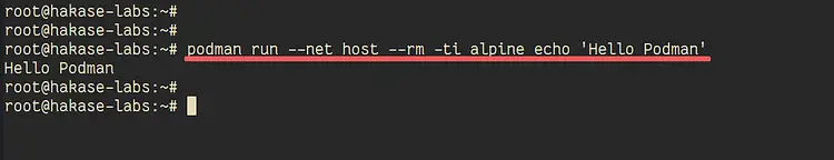 Результат выполнения контейнера с выводом Hello Podman