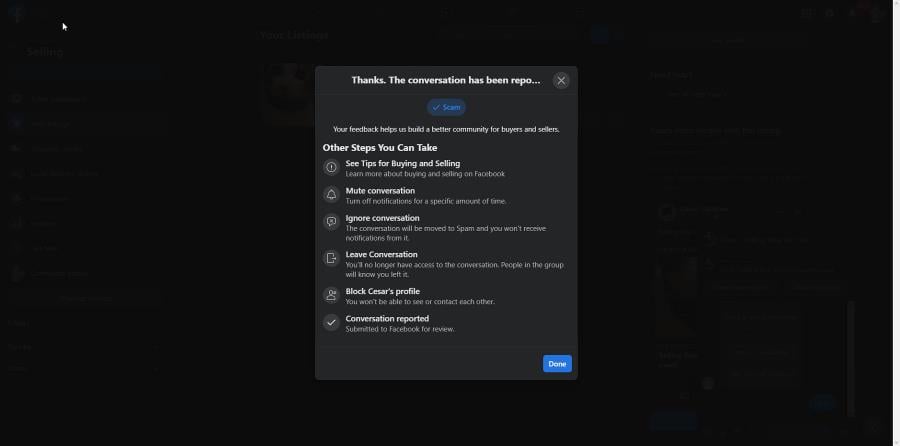 Уведомление об успешной отправке жалобы и советы Facebook