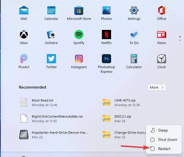 Кнопка Перезагрузить в меню Пуск