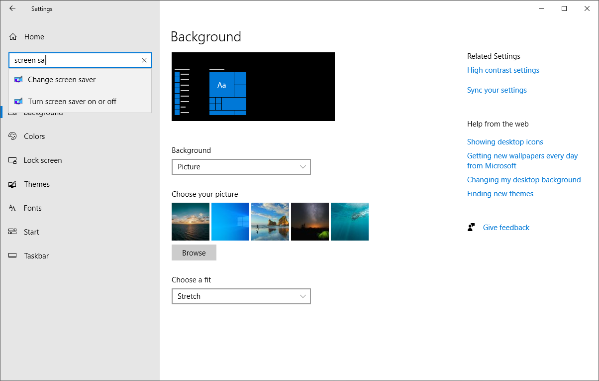 Опция экранного сохранителя в Windows 10