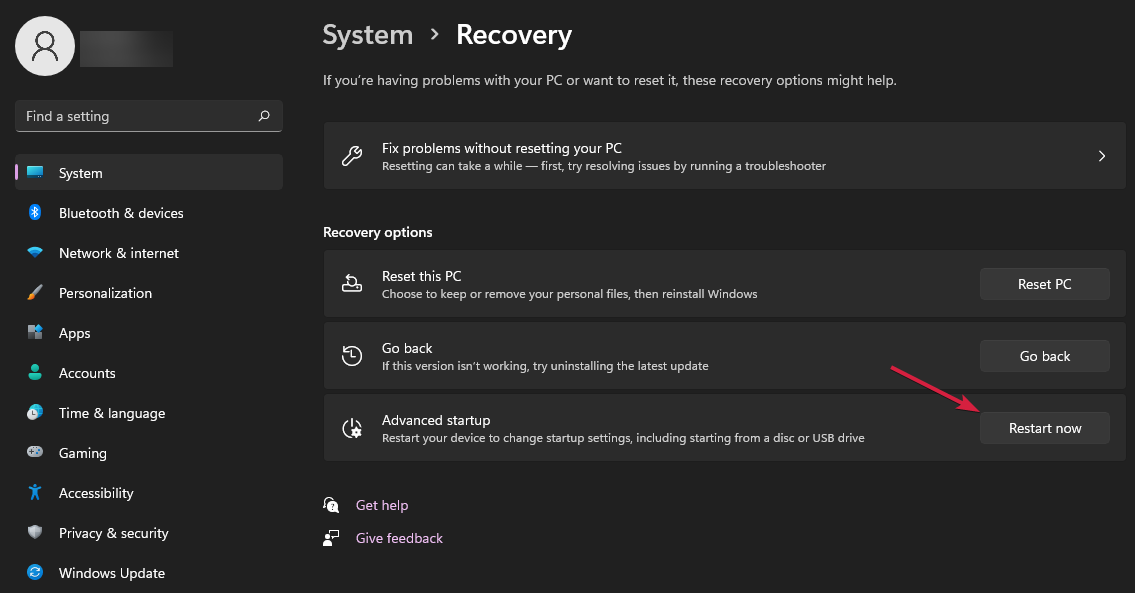 Перезапуск в расширенных вариантах загрузки Windows 11