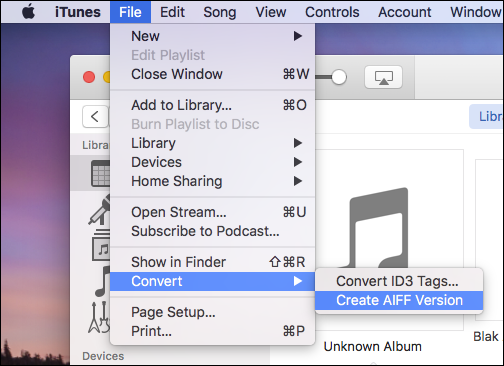 Процесс создания AIFF версии аудиофайла в iTunes