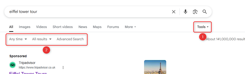 Кнопка 'Инструменты' в Google Search и меню опций