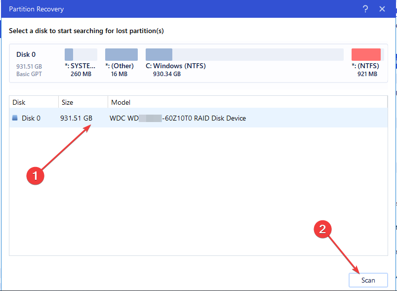 Выбор диска и запуск сканирования потерянных разделов