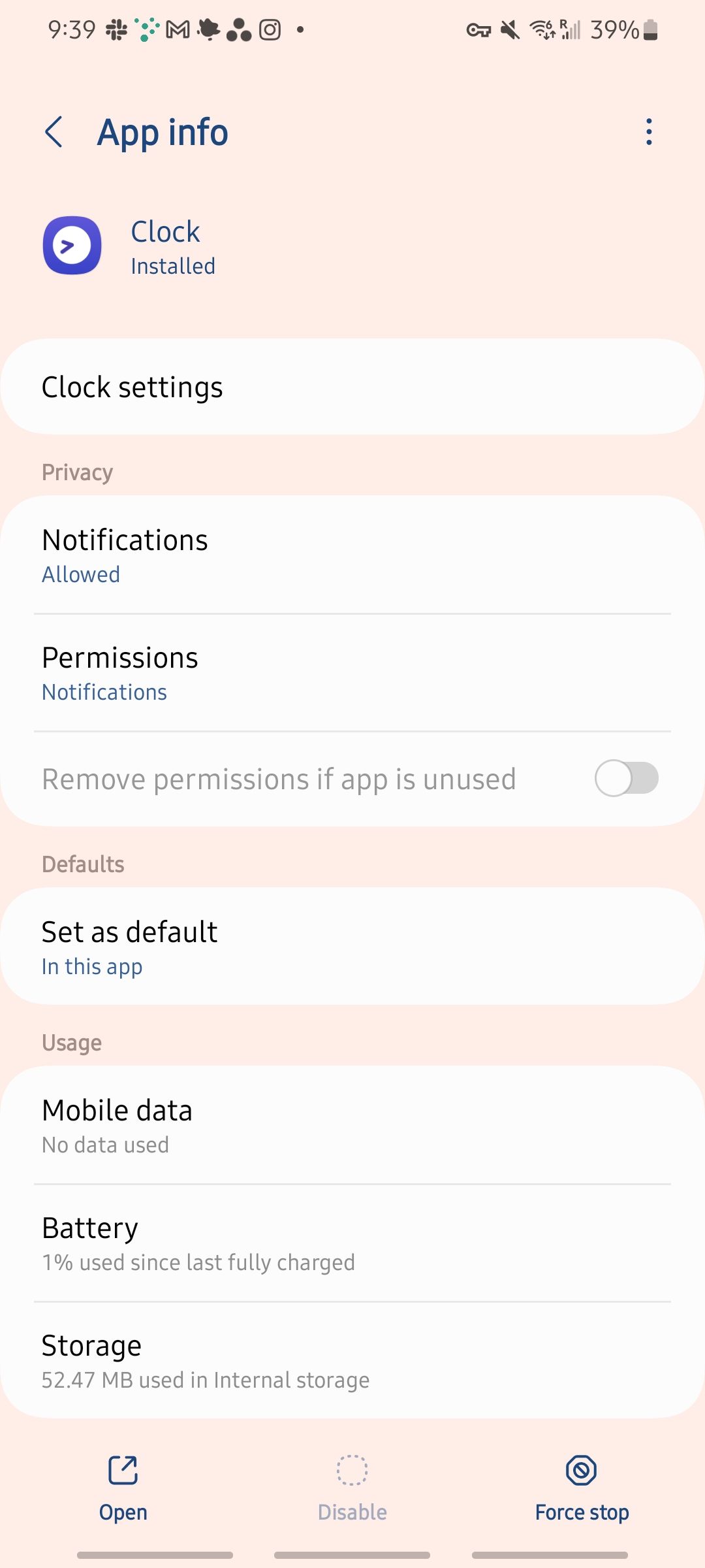 Экран сведений о приложении «Часы» на Samsung