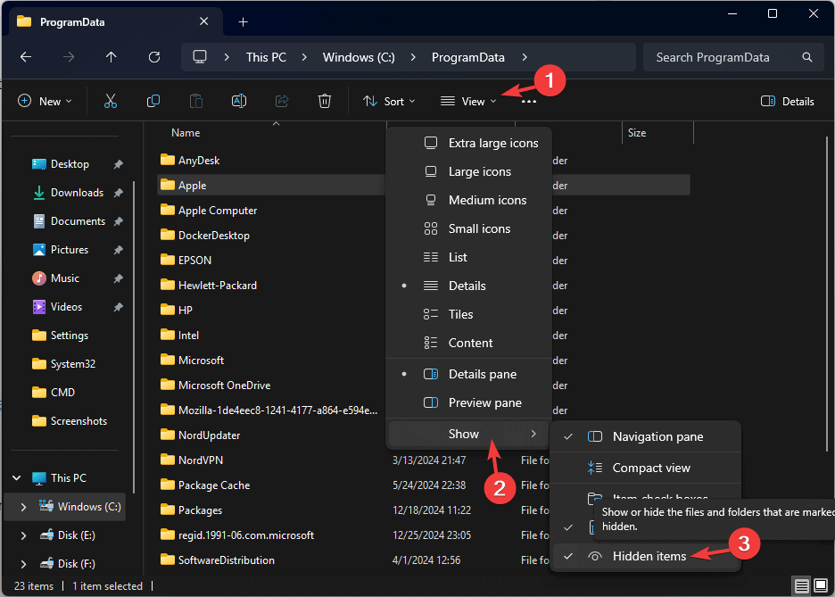 Параметр «Скрытые элементы» в Проводнике Windows
