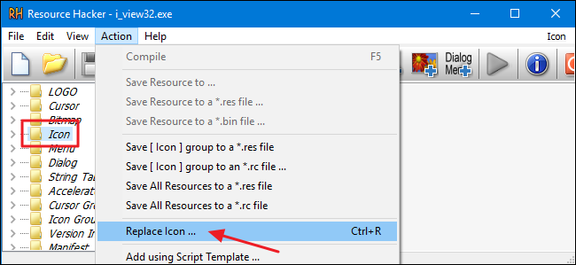 Панель Resource Hacker с папкой Icon и меню замены иконки