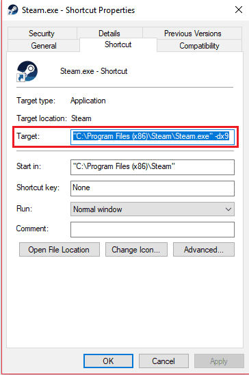 Параметр запуска Steam с -dx9