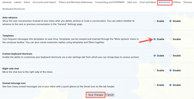 Опция для включения шаблонов в настройках Gmail