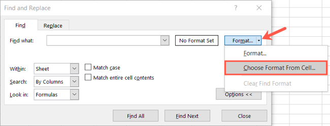 Меню стрелки рядом с Формат — Выбрать формат из ячейки