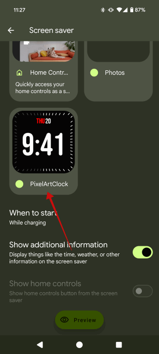 Выбор стороннего приложения в настройках экранной заставки Android