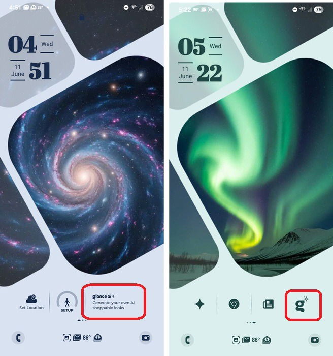 Поиск значка Glance AI на экране блокировки.