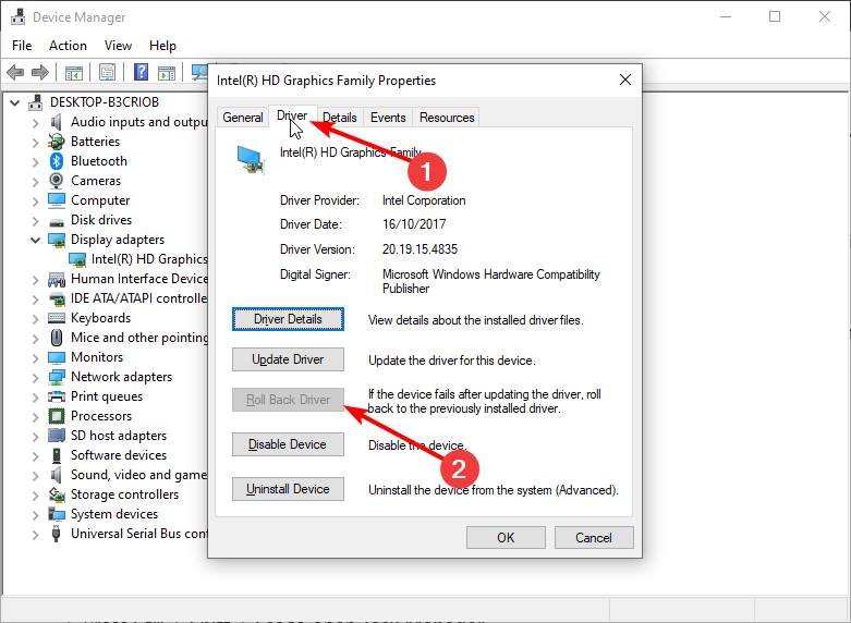 Откат драйвера