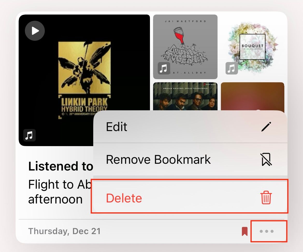 Экран iPhone с выделенным многоточием и кнопкой удаления записи.