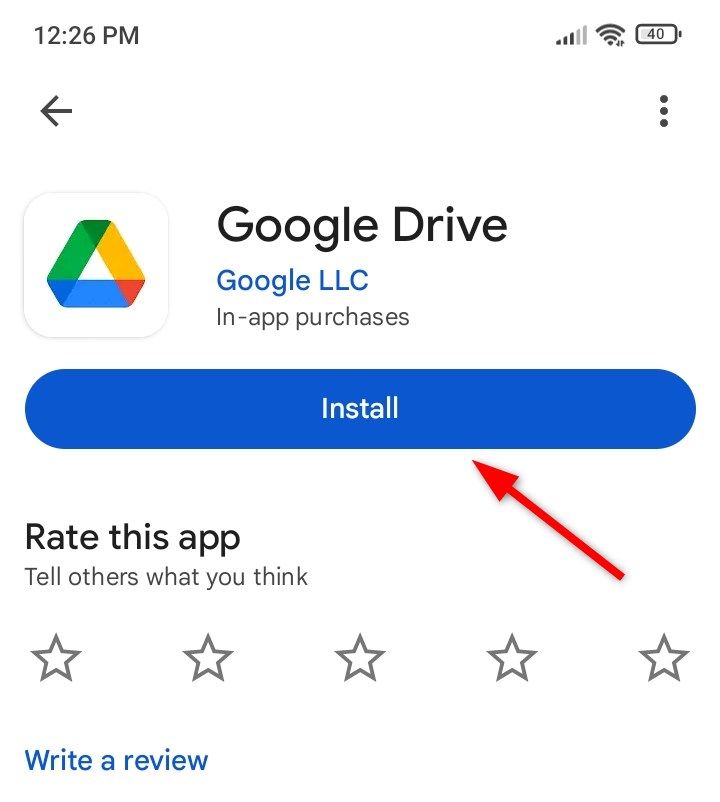 Установка приложения Google Drive из Play Store.