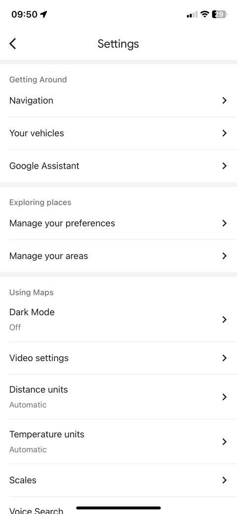 Google Maps on iOS with Settings dialog open