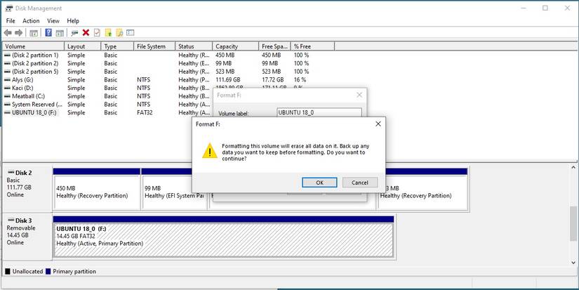 Скриншот предупреждения о потере данных перед форматированием.