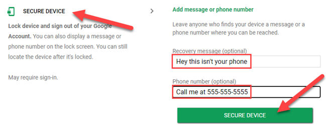 Опция блокировки устройства с сообщением и номером