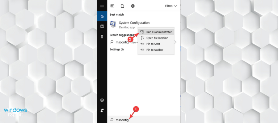 Запуск msconfig в поиске Windows