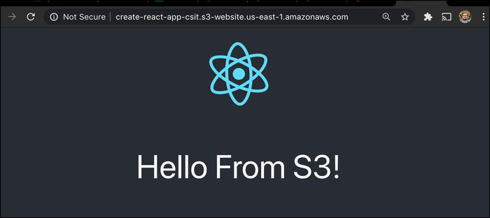 Тестовый просмотр сайта с адресом s3-website и работающей страницей React