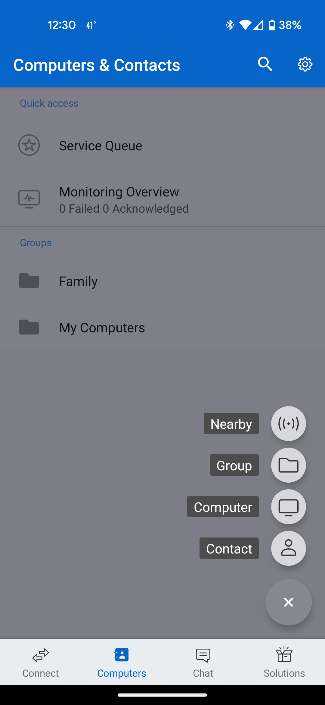 The nearby, group, computer, and contact options for TeamViewer Remote Control