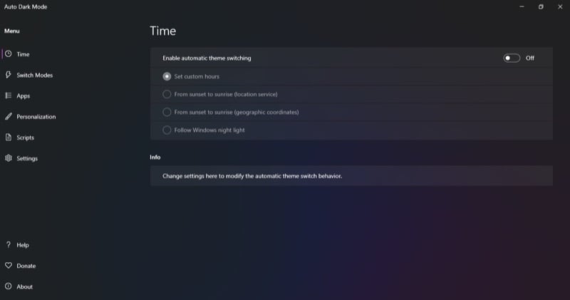 Опция автоматического переключения темы в приложении Auto Dark Mode