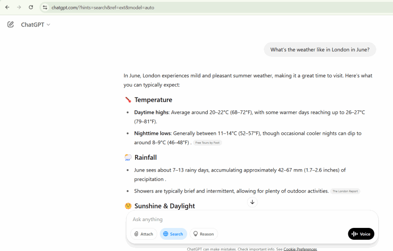 Вопрос и ответ в ChatGPT через Chrome.