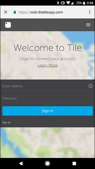 Экран ввода учётных данных Tile для привязки к Google