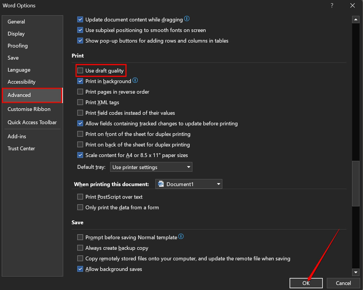 Отключение 'Черновое качество' в параметрах печати Word
