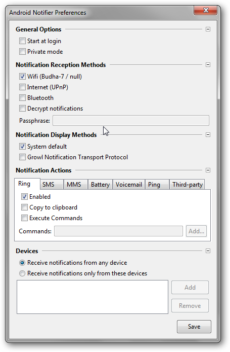 Параметры рабочего стола с перечнем типов уведомлений и действиями