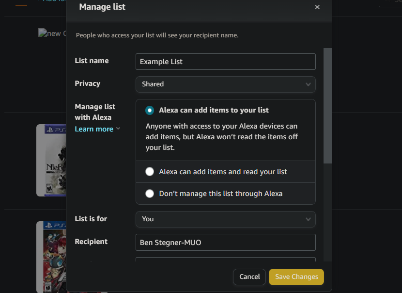 Настройки управления списком Amazon