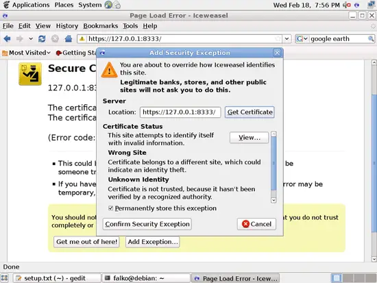 Окно подтверждения исключения безопасности с кнопкой Get Certificate