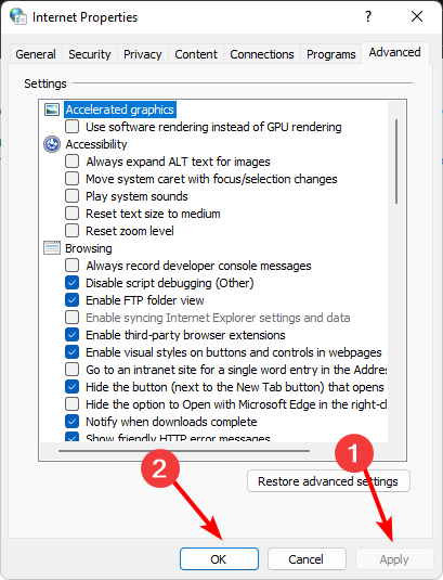 Кнопки Применить и ОК в свойствах Интернета