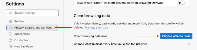 Опция Выбрать, что очистить в настройках Edge