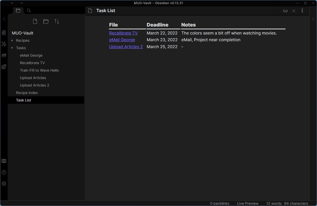 Результат: таблица задач с колонками дедлайна и заметок