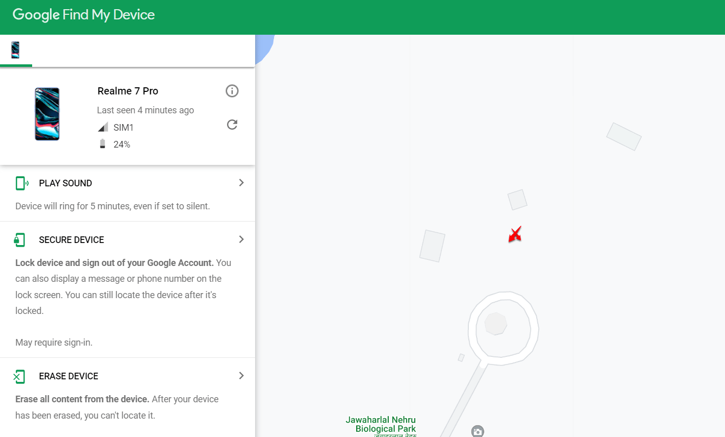 Find My Device — пример карты с местоположением устройства