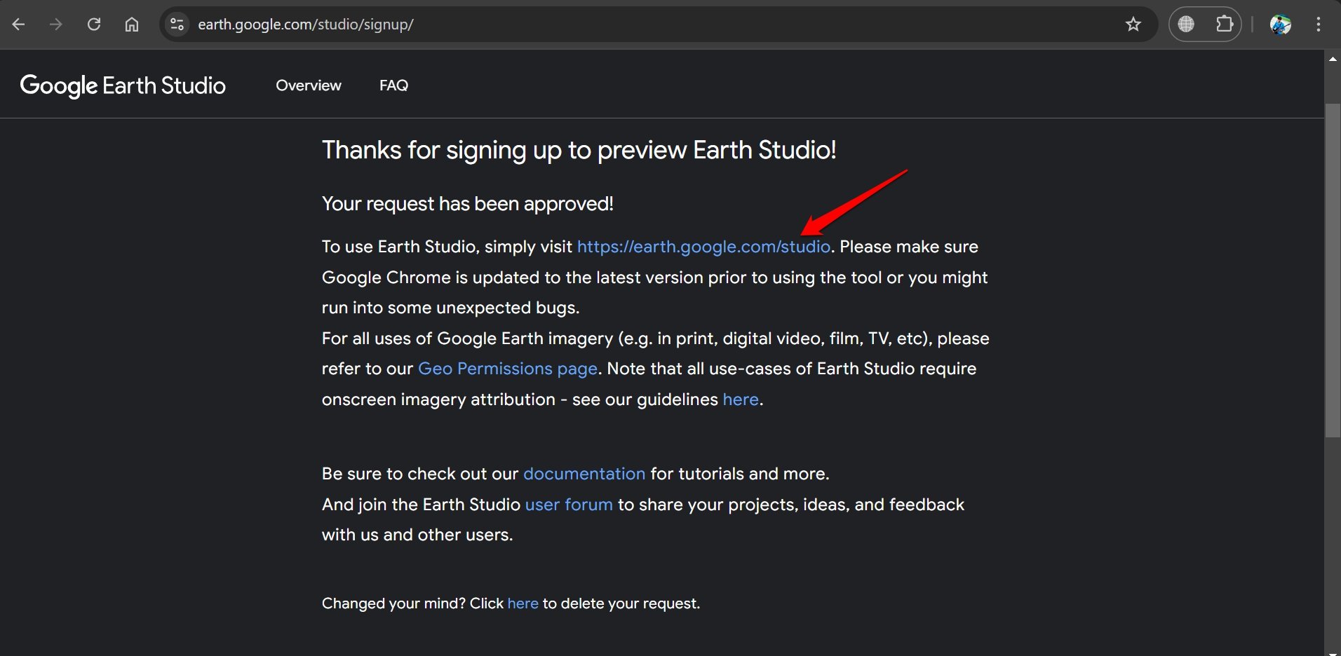 Сообщение об одобрении доступа к Earth Studio
