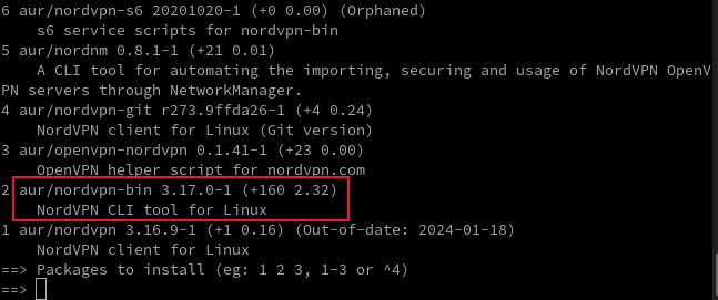 Список результатов поиска, возвращённых yay