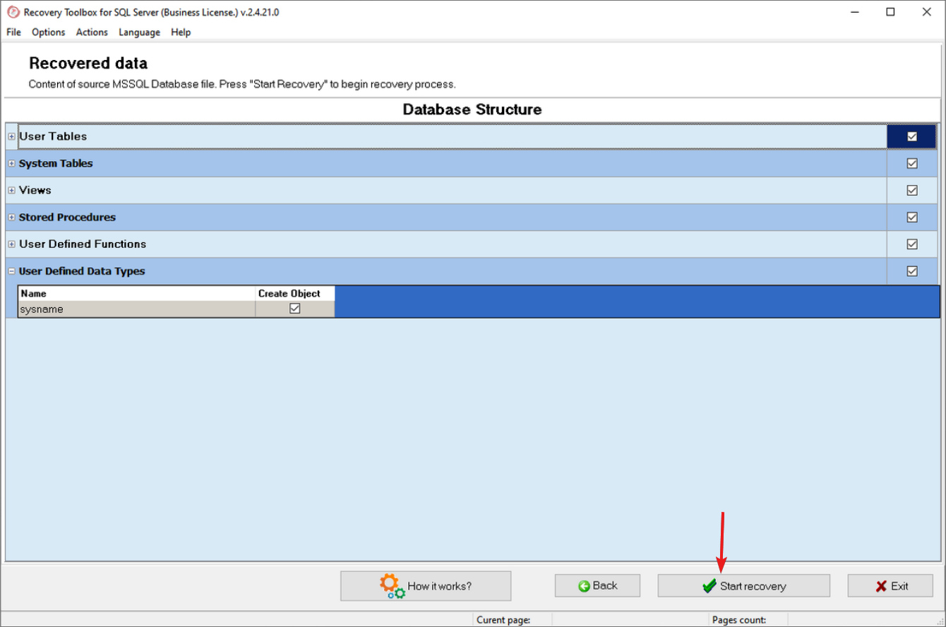 Начало восстановления и выбор экспорта данных
