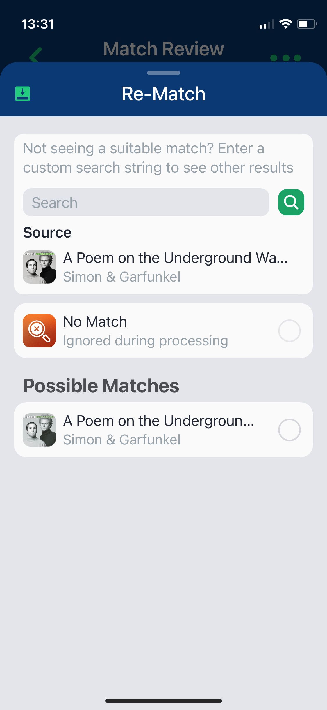 Экран повторного сопоставления в SongShift