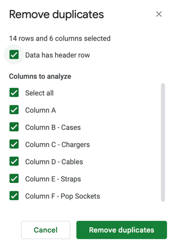 Настройки удаления дубликатов с выбором столбцов и заголовков