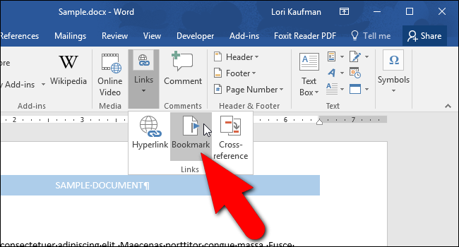 Кнопка Закладка в секции Ссылки на вкладке Вставка