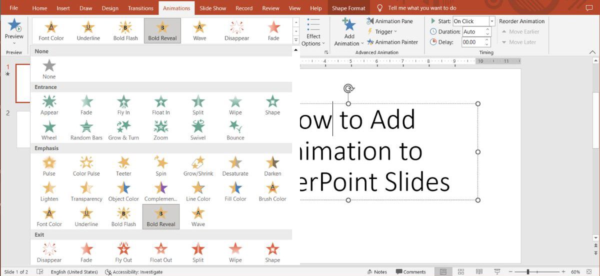 Меню анимаций PowerPoint