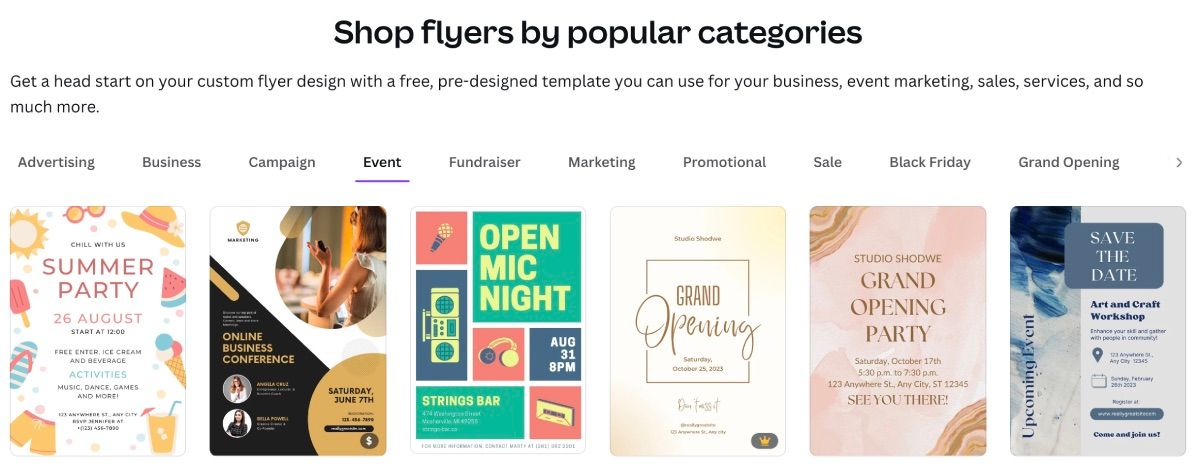 Страница с шаблонами флаеров в Canva — категории шаблонов