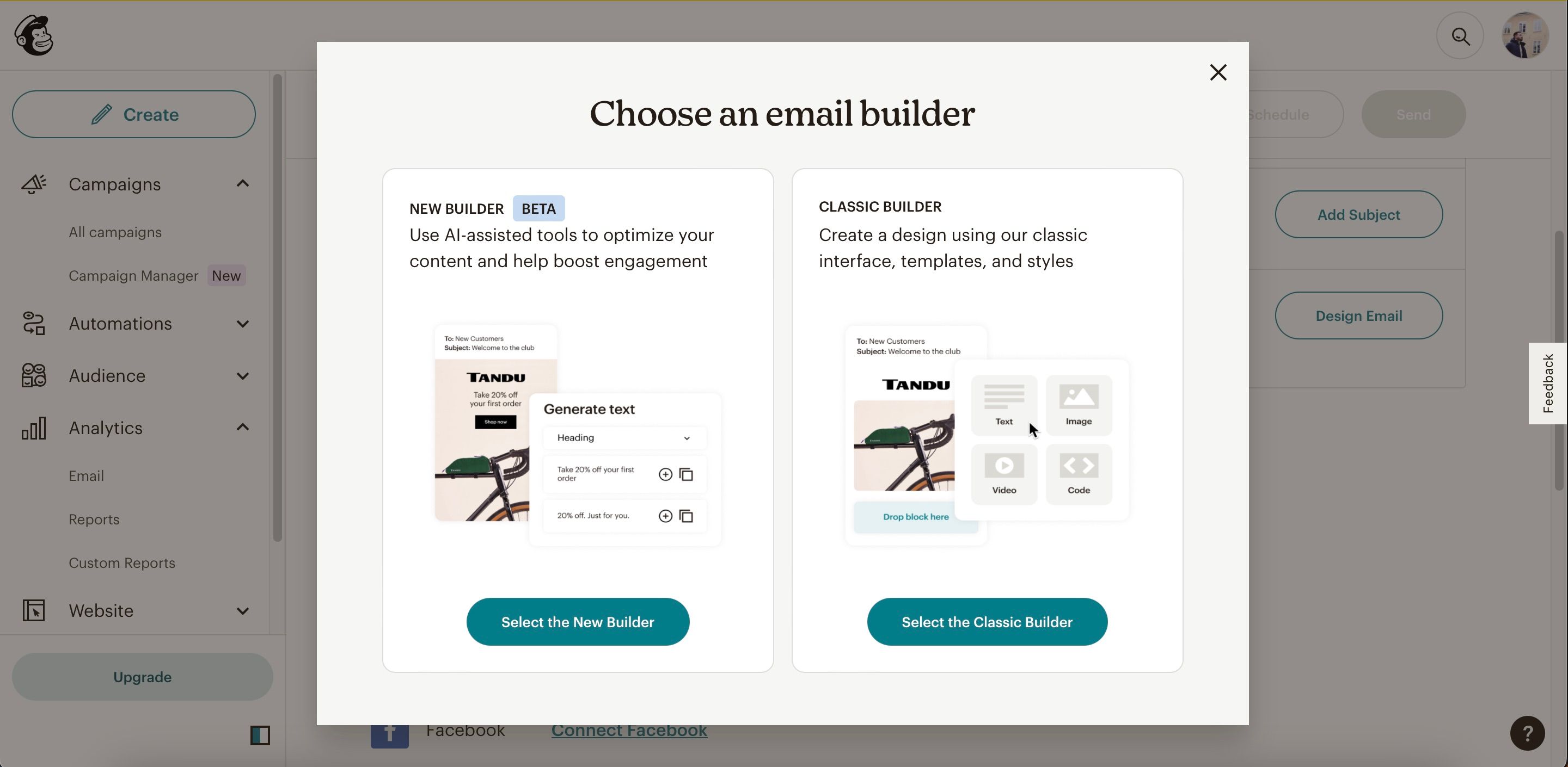 Выбор нового или классического конструктора в Mailchimp