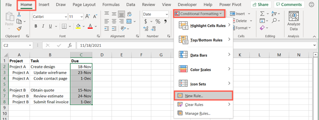 Select Conditional Formatting, New Rule